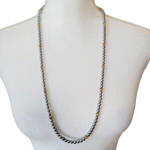 Vintage Sarah Coventry Gray Faux Pearl Necklace Gold Melon Beads Single Strand